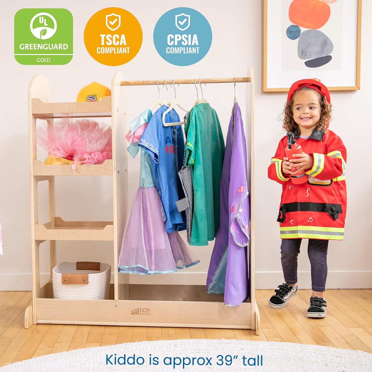 ECR4Kids Dress-Up Center with Mirror, Costume Organizer, Montessori Furniture, Natural