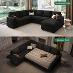 HONBAY Sectional Sleeper Sofa with Pull-Out Bed Storage Chaise, 6 Seater Couch for Living Room, Black