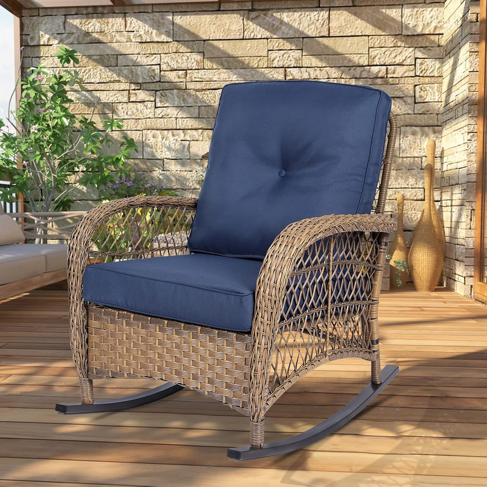 Outdoor Wicker Rocking Chair with Thickened Cushions, All-Weather Rattan Pati...