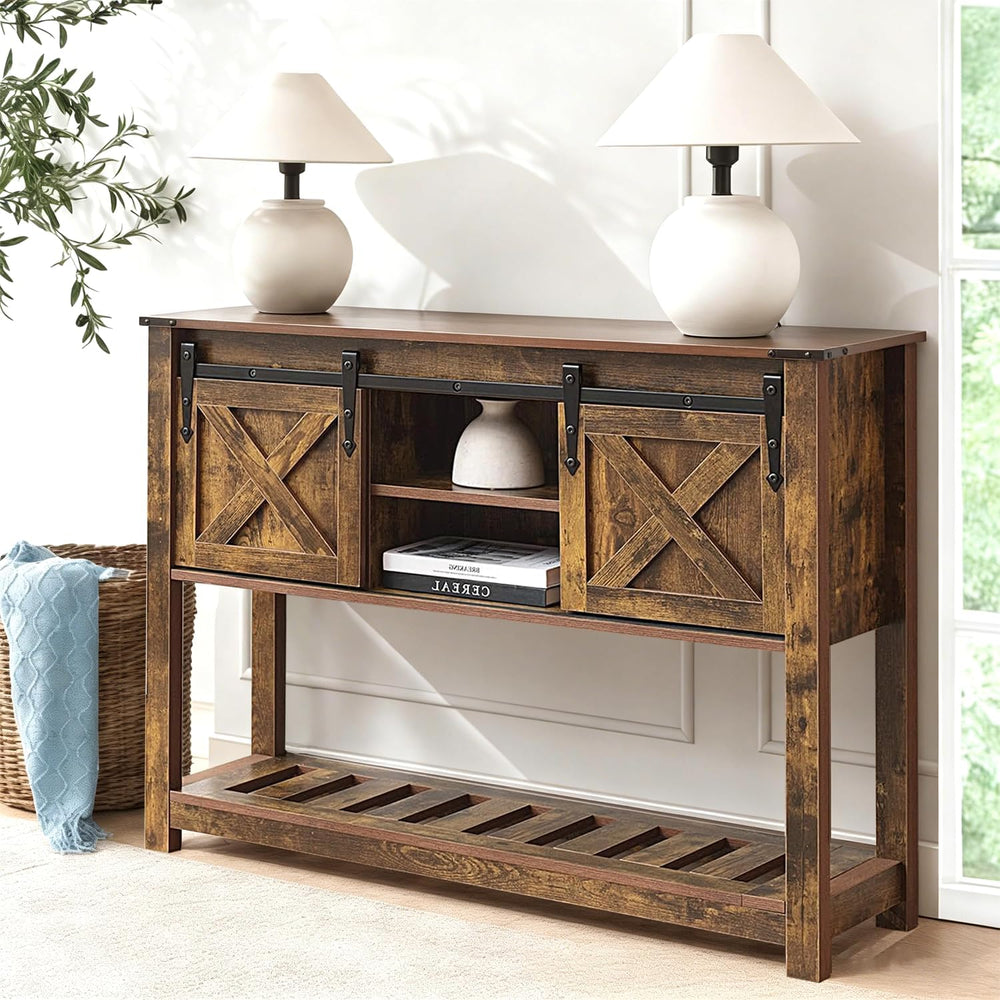 Brown Farmhouse Entryway Table, Rustic Hallway Table with Storage Shelf, Sofa...