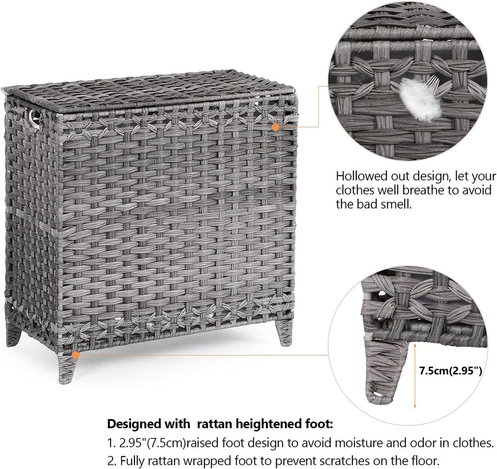 Laundry Hamper with 3 Removable Liner Bags; 132L Handwoven Rattan Laundry Basket with Lid & Heightened Feet; Clothes Hamper with Side Handles; Laundry Sorter with 3 Separate Sections (Gray)