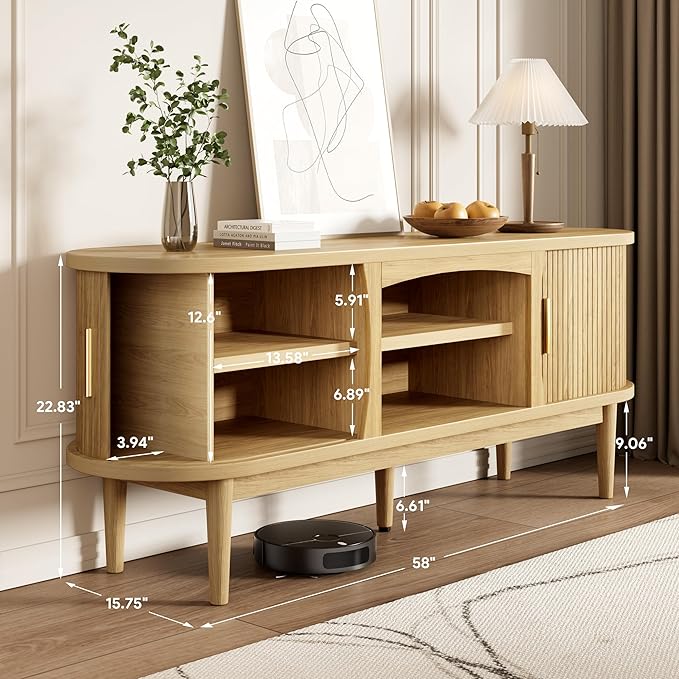 Mid Century TV Stand for TVs up to 65 Inches, Entertainment Center with Storage, Power Outlet, Fluted Sliding Doors & Adjustable Shelves, Modern Media TV Console Table for Living Room (Oak)
