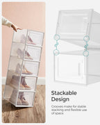 SONGMICS Shoe Boxes, Pack of 18 Shoe Storage Organizers, Stackable Clear Plastic Boxes for Closet, Sneakers, 13.7 x 9.9 x 7.4 Inches, Transparent and White ULSP18MWT