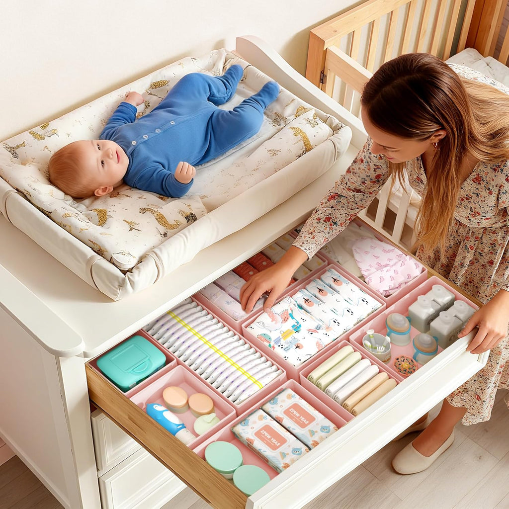 DIMJ Drawer Organizer Clothes Storage - 18 Pack Baby Dresser Organizer for Nursery, Foldable Drawer Dividers for Bedroom Closet Organization, Fabric Storage Bins for Socks, Underwears, Bras