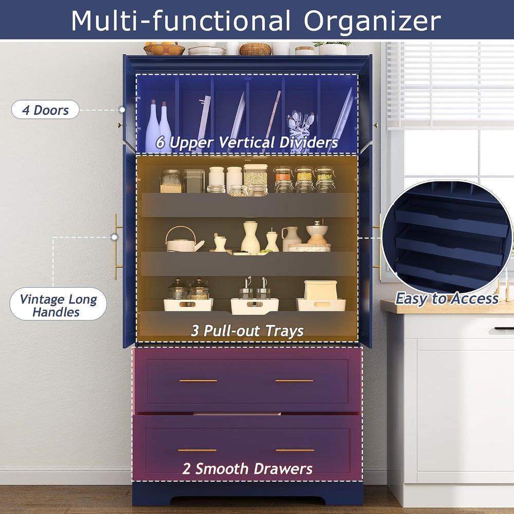 72.6" Farmhouse Kitchen Pantry Cabinet with 3 Pull-Out Trays, Freestandi...