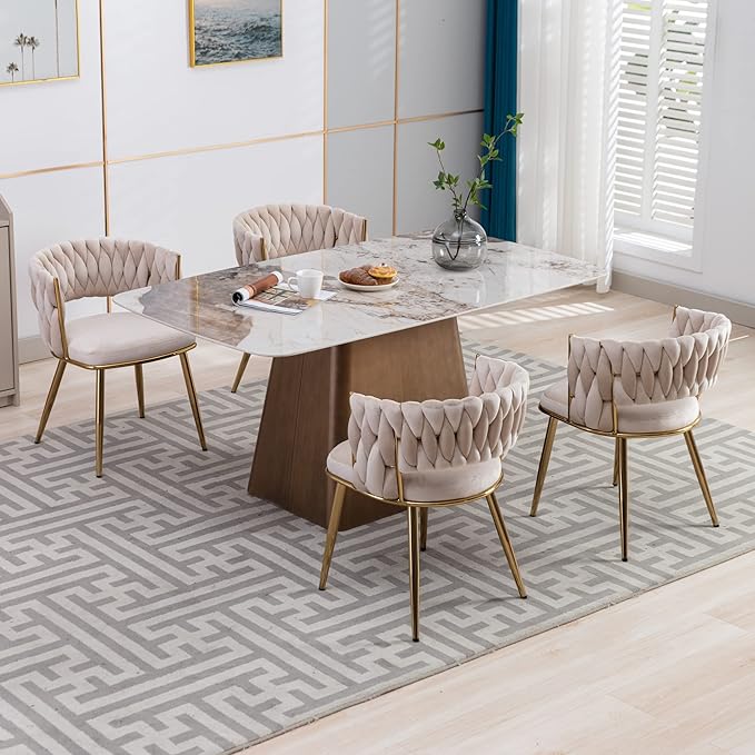 KCC Modern Velvet Dining Chairs Set of 6, Upholstered Living Room Chair with Woven Back and Golden Metal Legs, Mid-Century Accent Side Chair for Dining Room, Kitchen,Beige