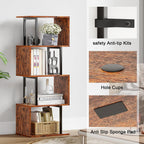 Furologee 5 Tier Bookshelf, S Shaped Geometric Bookcase, Narrow Freestanding Display Shelves, Modern Wood Decorative Storage Rack for Bedroom, Living Room, Home Office, Rustic Brown