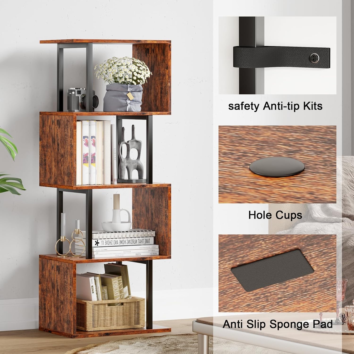 Furologee 5 Tier Bookshelf, S Shaped Geometric Bookcase, Narrow Freestanding Display Shelves, Modern Wood Decorative Storage Rack for Bedroom, Living Room, Home Office, Rustic Brown