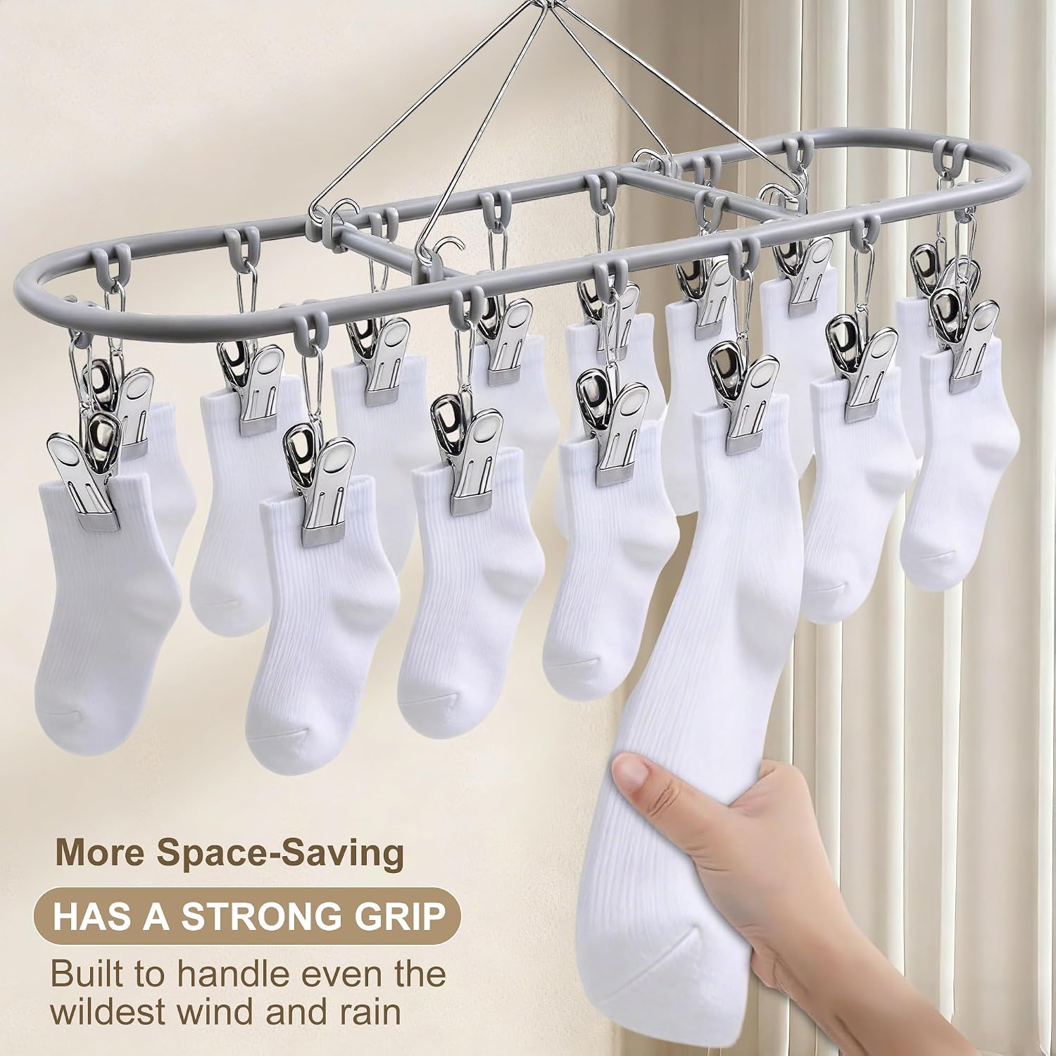PHYDELU Drying Rack Clothing with 20 Clips，Sock Hanger for Drying，Hanging Clothes Dryer Underwear Hangers Racks Laundry Herb Socks Panty Wet Bra Lingerie Baby Delicates Foldable Small Indoor Metal