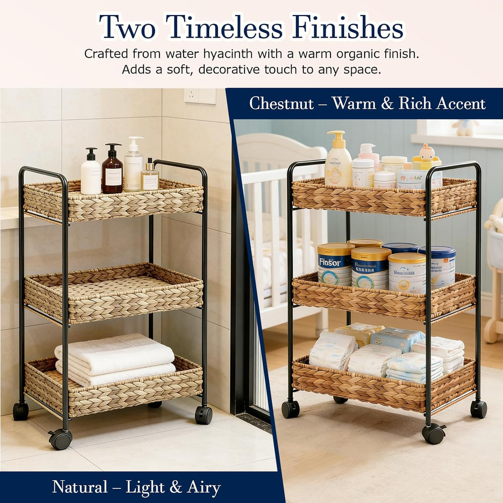3-Tier Wicker Rolling Storage Cart, 30×15×11 Inch (Chestnut)