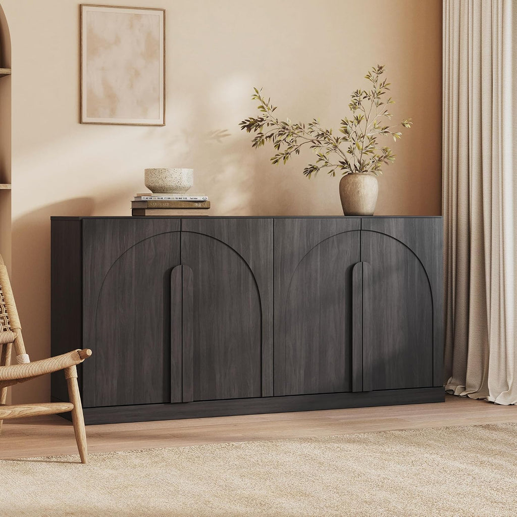 BELLEZE Bijou 64" Modern Buffet Sideboard, Mid-Century Arch Carved Wood Door Cabinet, Textured Storage Console for Living Room, Kitchen, Entryway - Ebony