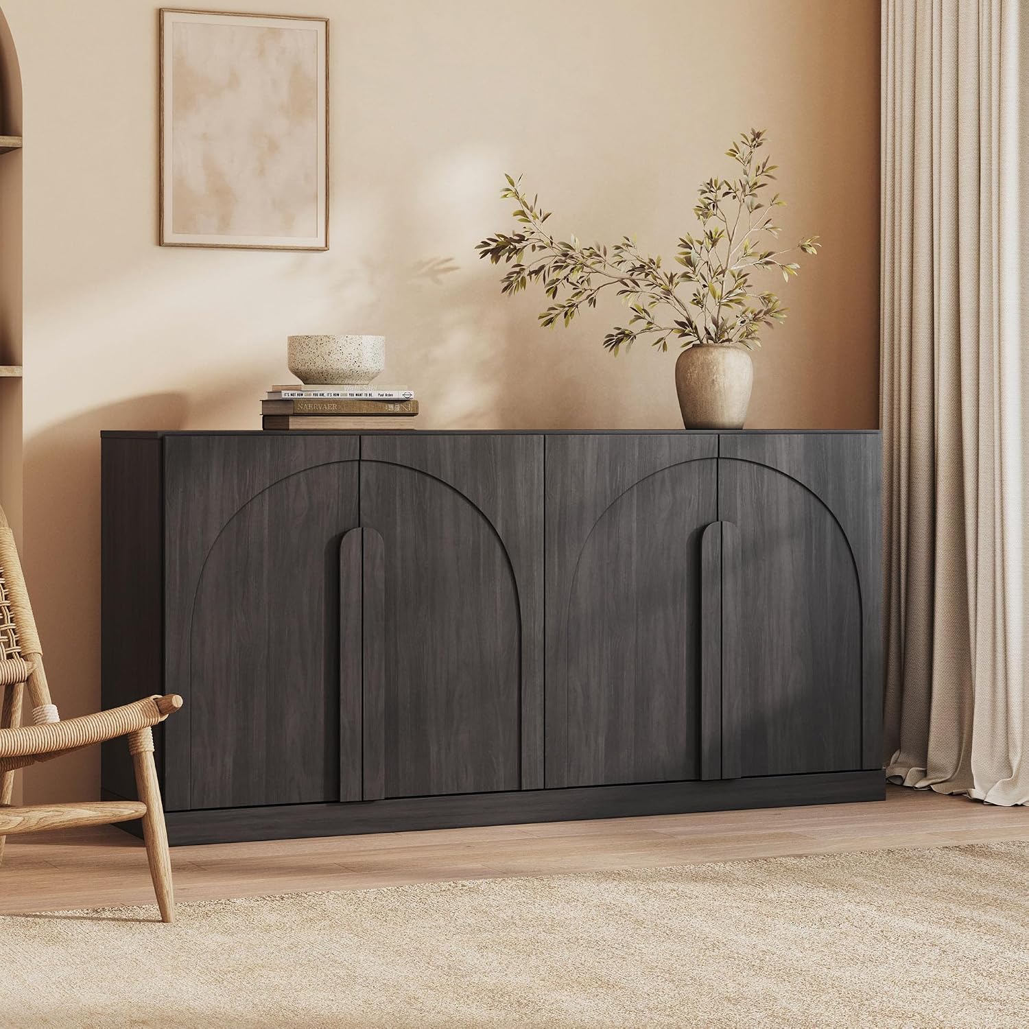 BELLEZE Bijou 64" Modern Buffet Sideboard, Mid-Century Arch Carved Wood Door Cabinet, Textured Storage Console for Living Room, Kitchen, Entryway - Ebony