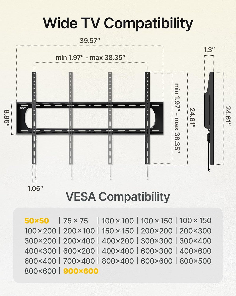 monTEK Heavy Duty Fixed TV Wall Mount for 60-120 Inch TVs up to 300 lb | Ultr...