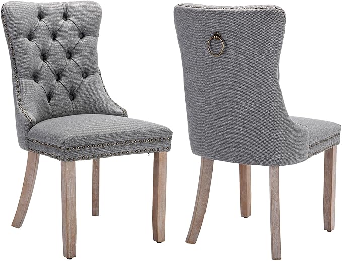 Modern Dining Chairs Set of 2, Tufted Upholstered Dining Chairs with Solid Wood Legs, Grey Linen Fabric Kitchen Chair, Sillas de Comedor, Comfy Kitchen Chair (Gray, Linen, 2Pcs)