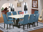 East West Furniture V627EL121-9 9 Piece Dining Table Set Includes a Rectangle Dining Room Table with V-Legs and 8 Blue Linen Fabric Upholstered Parson Chairs, 40x72 Inch, Multi-Color