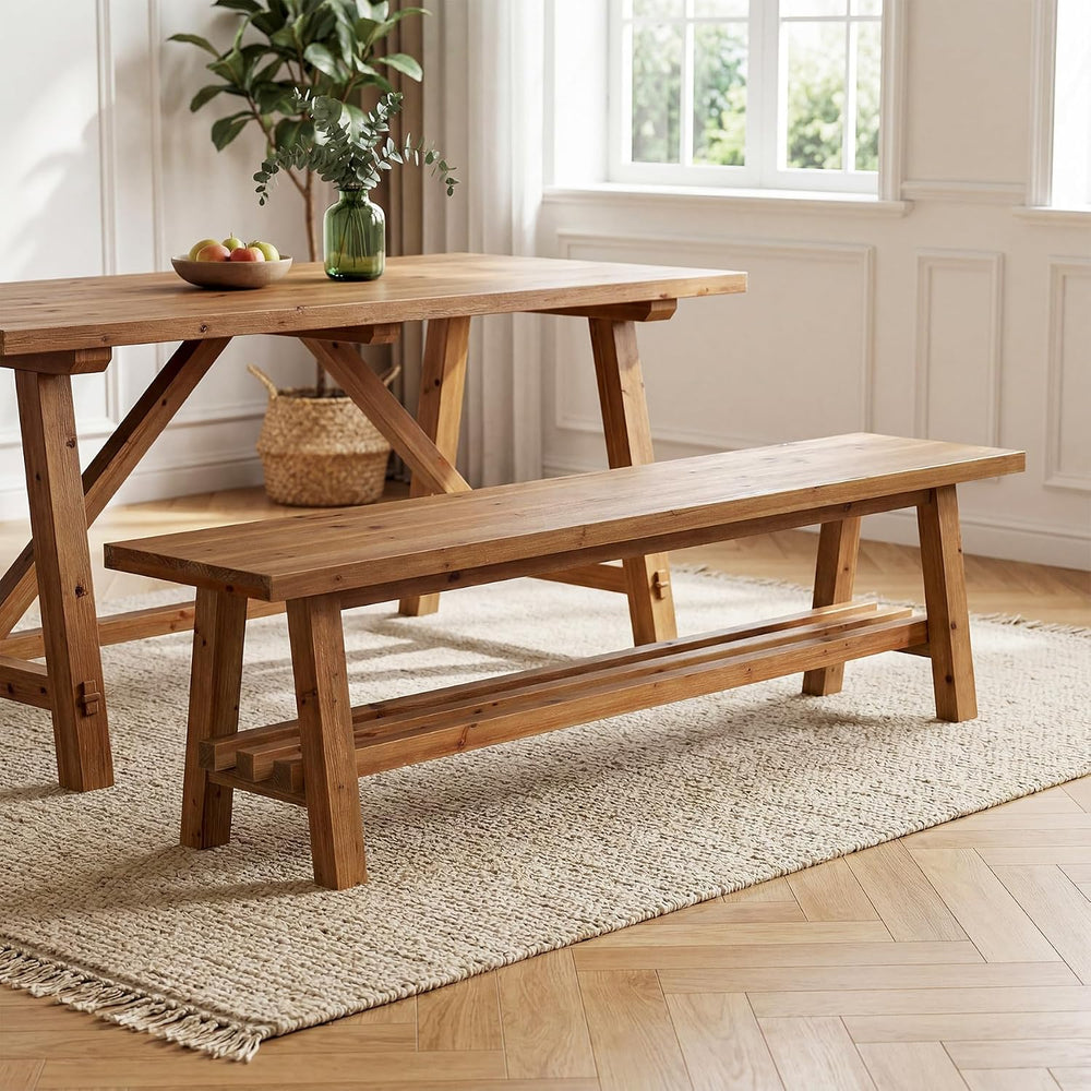 55" Farmhouse Wood Bench, 2-Tier Rustic Kitchen Dining Seat, Indoor End ...