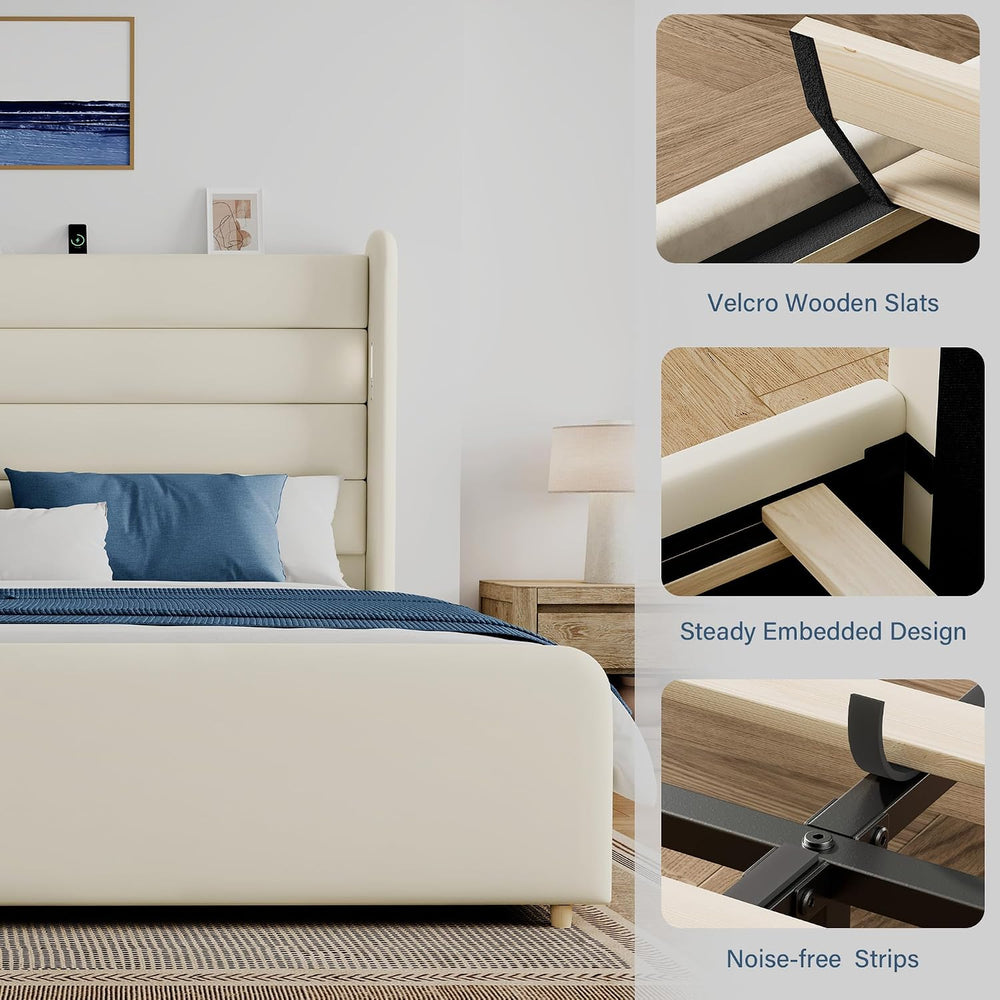 Queen Size Bed Frame with 59'' Tall Headboard with Readlight, White