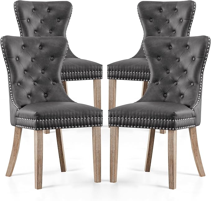 SyMax Dining Chairs Set of 4, Faux Leather Parson Dining Room Chairs, High-End Tufted Kitchen Side Chairs for Bedroom, Living Room, Gray