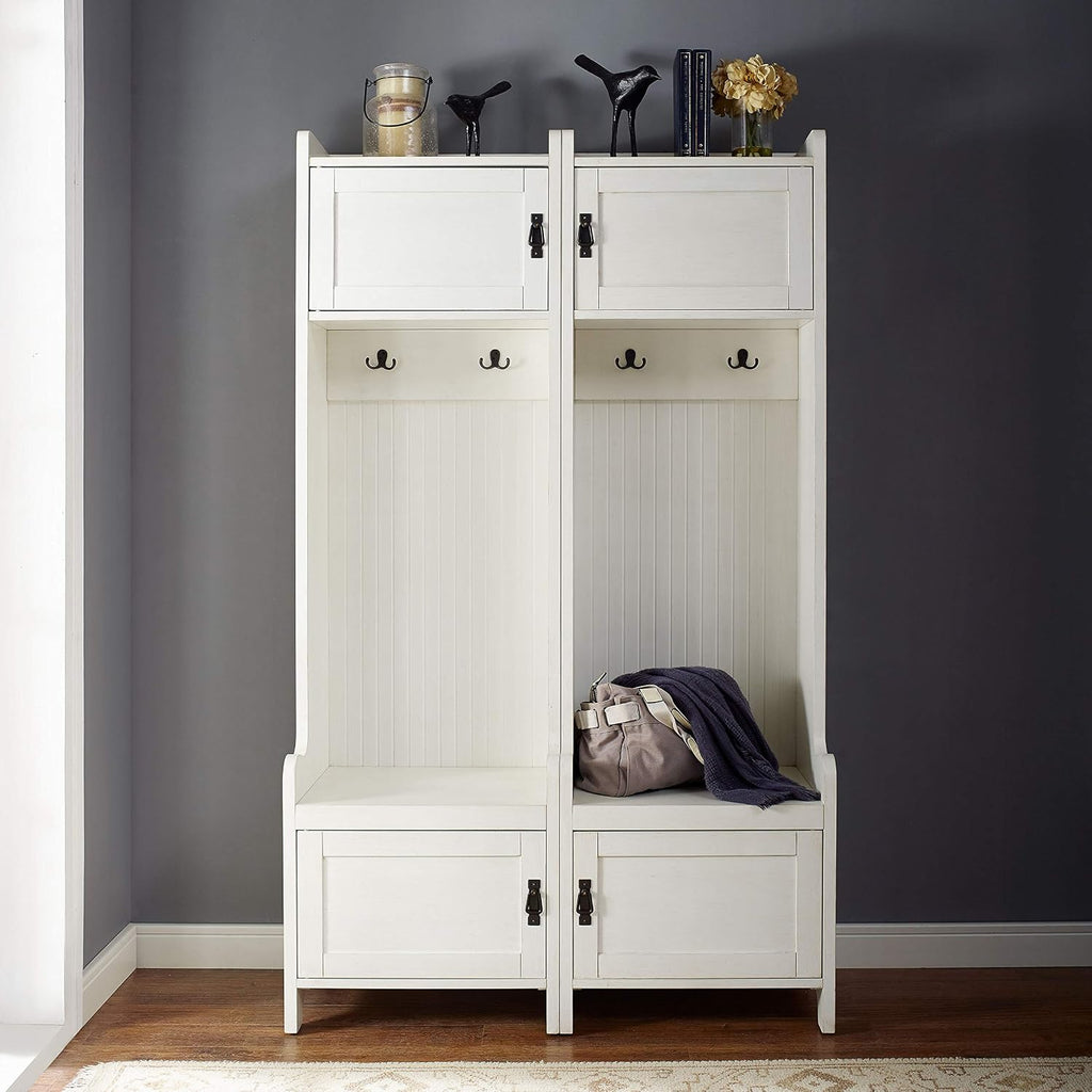 Crosley Furniture Fremont 2-Piece Hall Tree Entryway Set with Storage Cabinets and Coat Rack Hooks, Distressed White