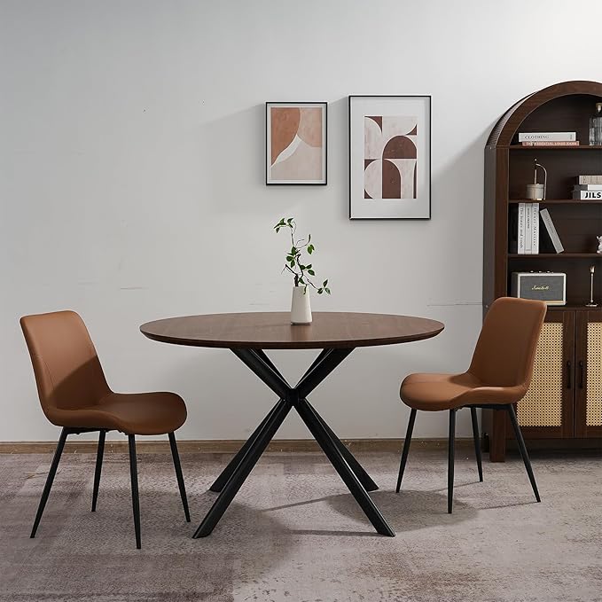 47.2" 5-Piece Round Dining Table Set for 4, Modern Wood Dining Table with 4 Upholstered Chairs, Kitchen & Dining Room Table Set with Metal Base for Apartment, Small Space, Walnut Table+4 Brown Chairs