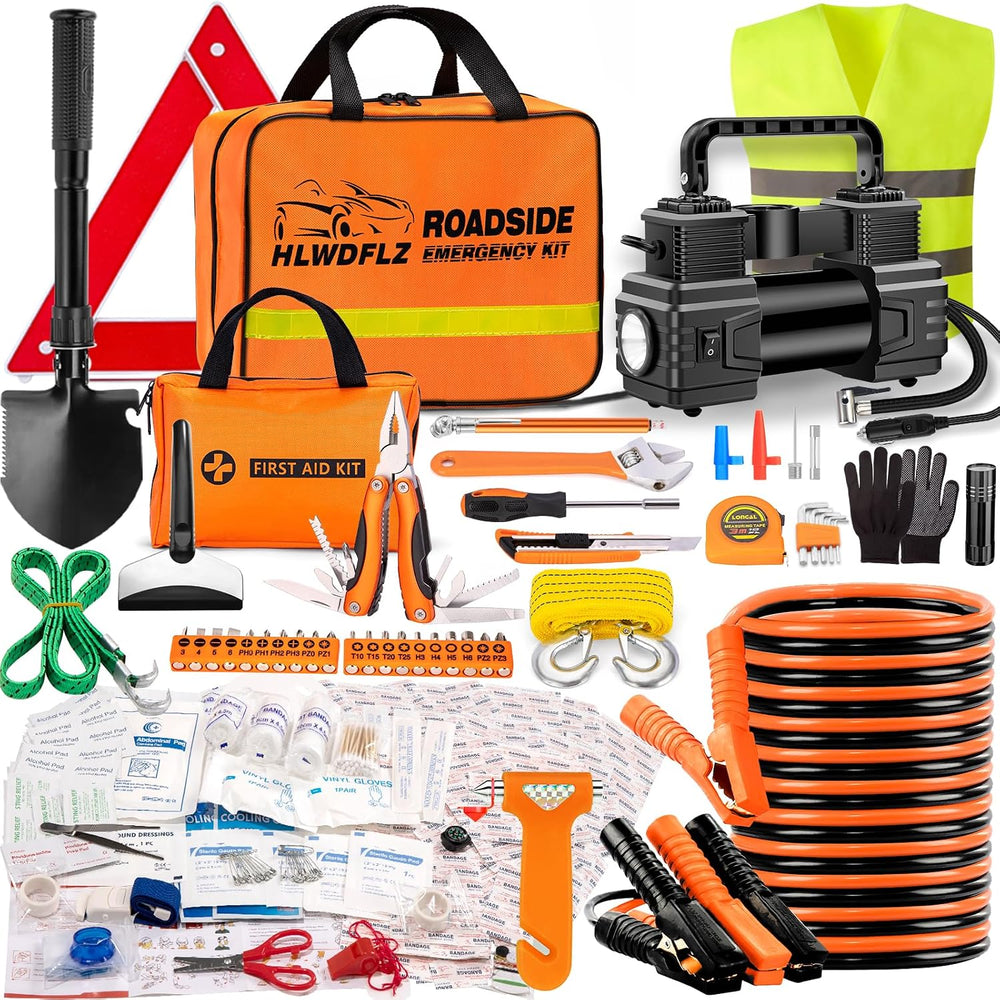 Car Emergency Kit with Portable Air Compressor - Roadside Assistance Emergenc...