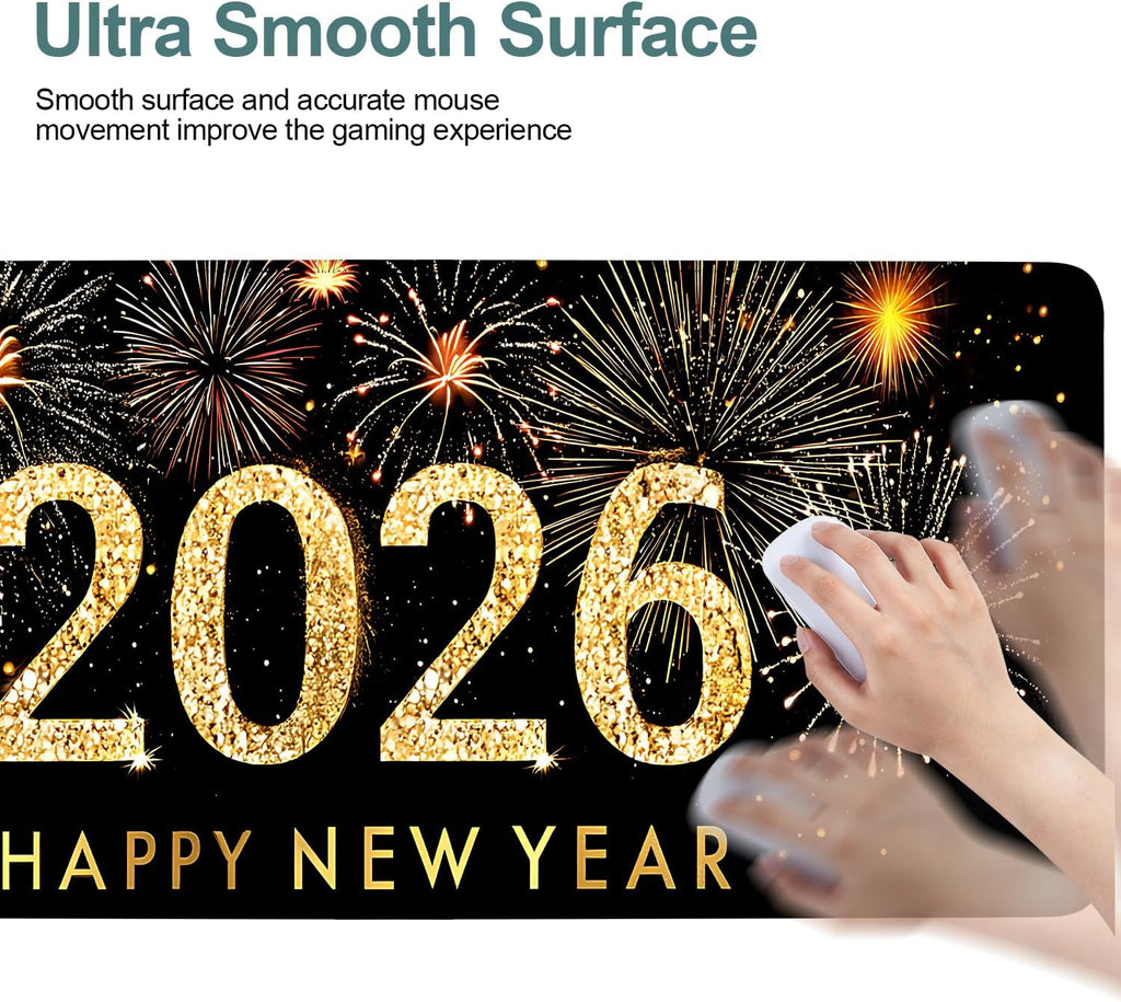 2026 Happy New Year Gaming Mouse Pad 31.5"x11.8"Desk Mat Anti-Slip Rubber Base & Durable Stitched Edges for Gamers Smooth Mouse Writing Surface for Desk Office/Home