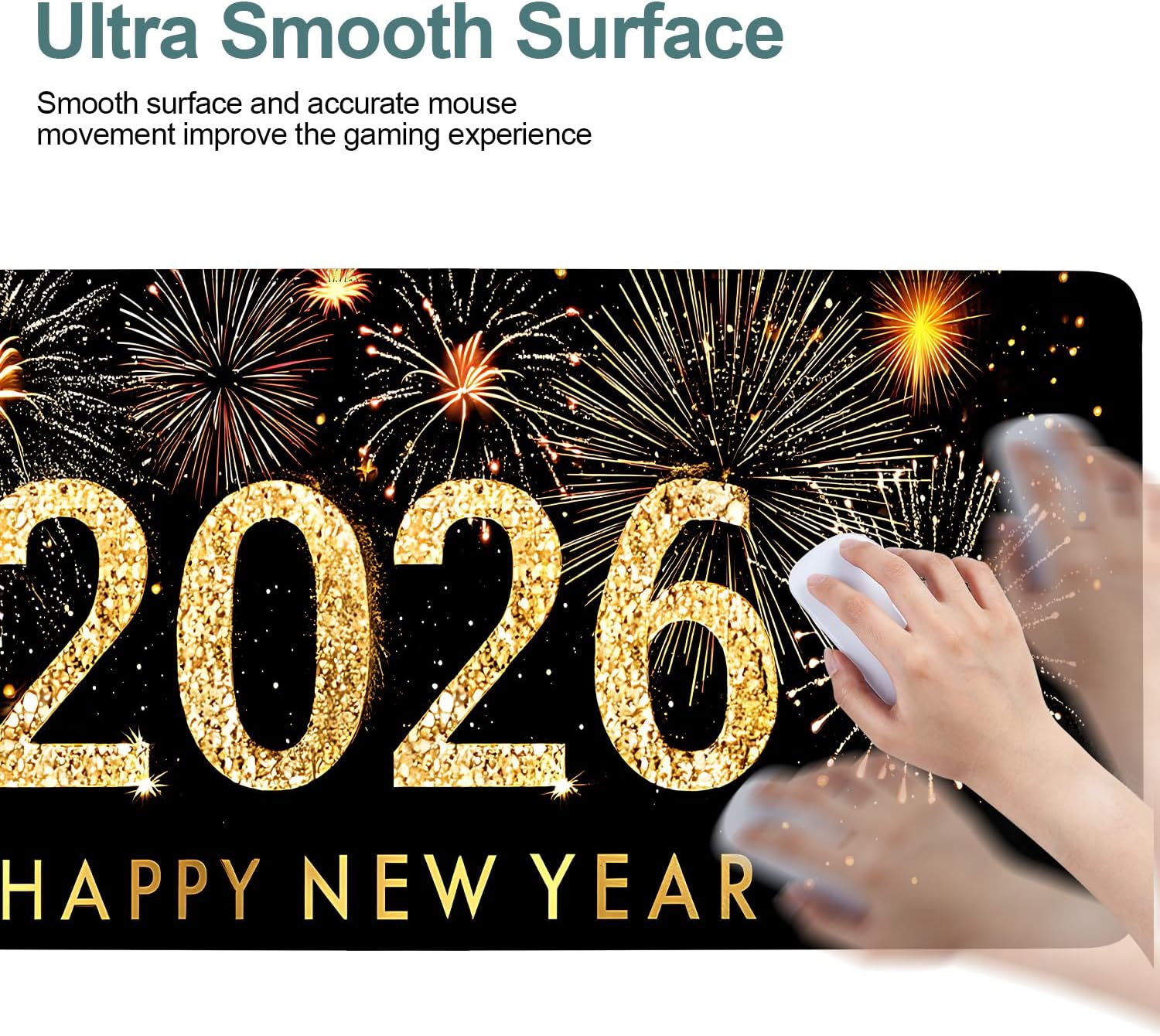 2026 Happy New Year Gaming Mouse Pad 31.5"x11.8"Desk Mat Anti-Slip Rubber Base & Durable Stitched Edges for Gamers Smooth Mouse Writing Surface for Desk Office/Home