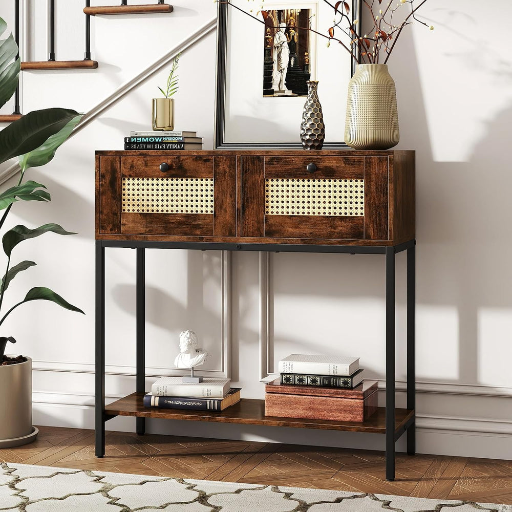 GOFLAME Rattan Console Table, Boho Entryway Table with 2 Drawers & Open S...