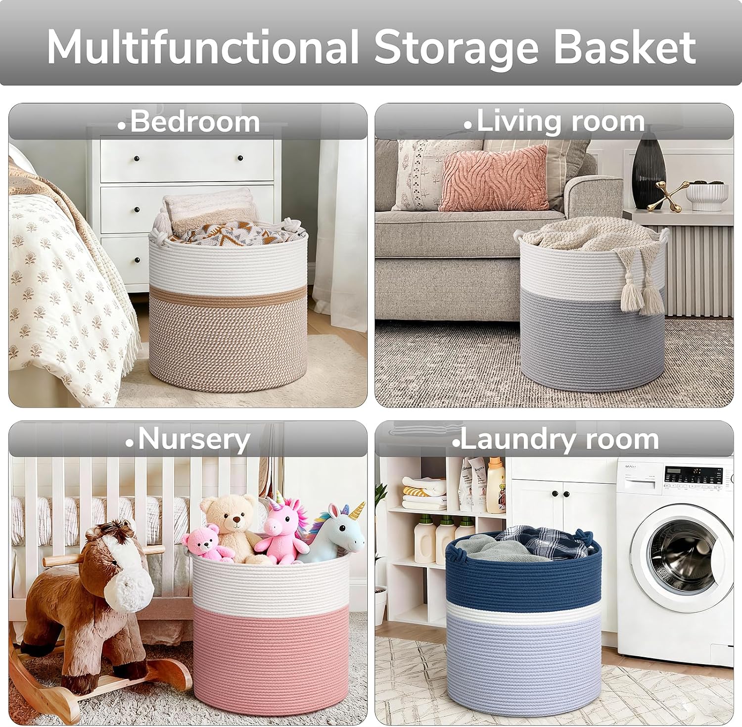 Goodpick Large Woven Rope Toy Storage Basket for Living Room, 60L, Grey | Small Laundry Basket for Organizing Baby Clothes, Blankets & Pillows, Great for Bedroom Nursery Home Décor