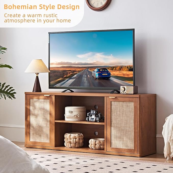 LEYAOYAO Rattan TV Stands for Living Room, Boho TV Cabinet with Storage and Open Shelf, Rustic Wood Entertainment Center, Media Console for 50-65 Inch TV, Tea Brown