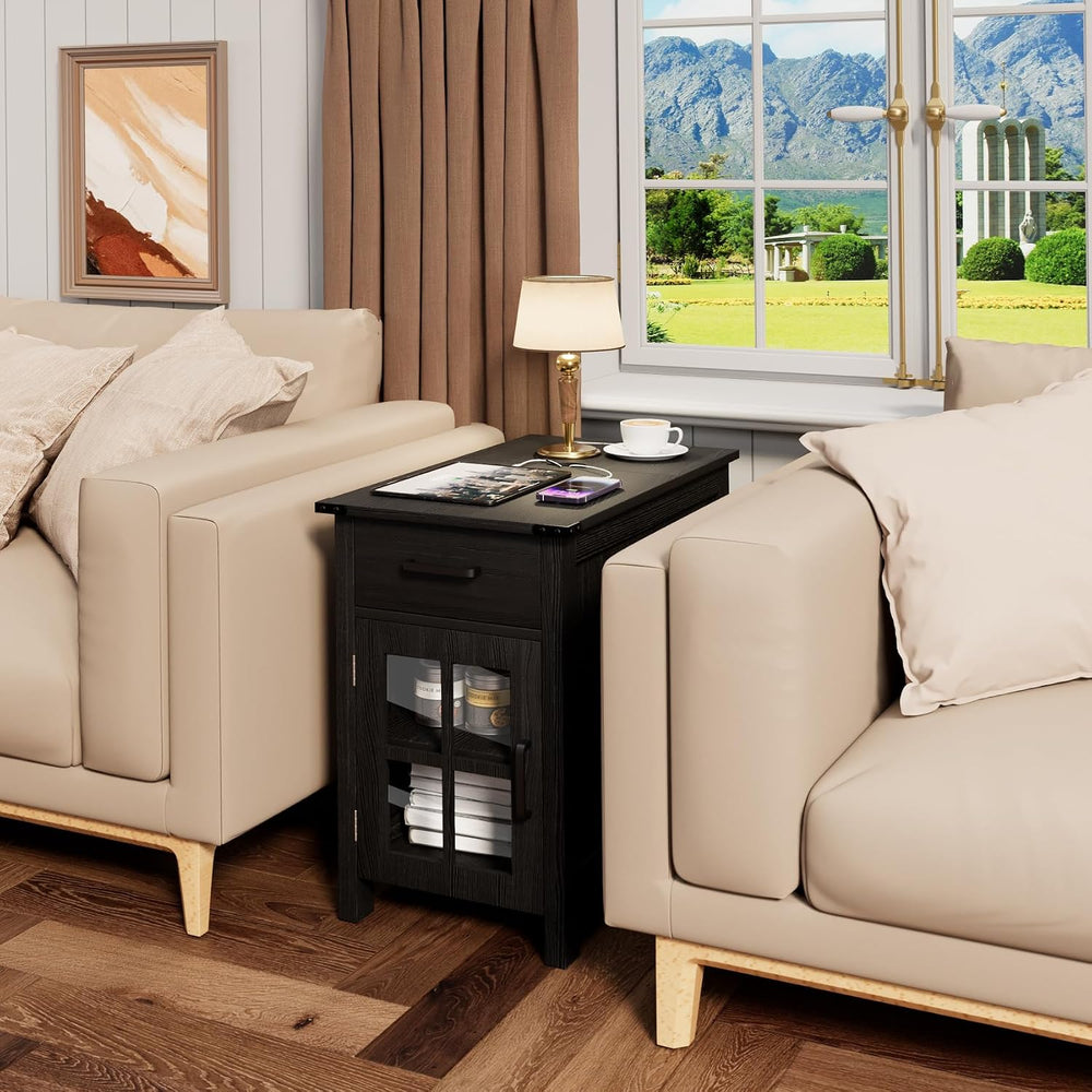 Farmhouse End Table with Charging Station, Narrow Side Table for Living Room,...