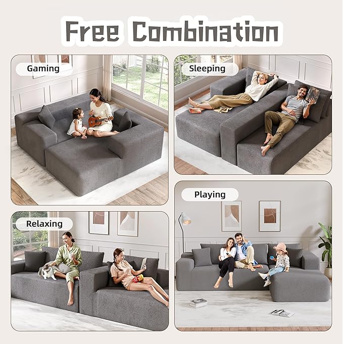 Cloud Sectional Couch, 104”L-Shape Oversized Sofa with Left Chaise Lounge, Modular Sleeper Couch with Pillows & Deep Seat, Rain Drop Velvet Fabric Compressed Sofa for Living Room, Light Gray