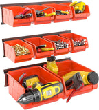 WALMANN Wall Mounted Storage Bins for Small Parts, 10 Bins with 3 Metal Rails, Plastic Bins for Screws, Bolts, Nuts, Craft Room, Workshop, and Garage Wall Storage Bins(Orange-red)