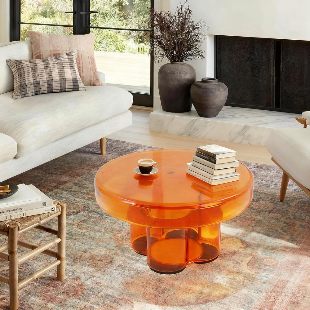 Coffee Table, Round Glass Side Table with Unique Petal Design Pedestal, Simpl...