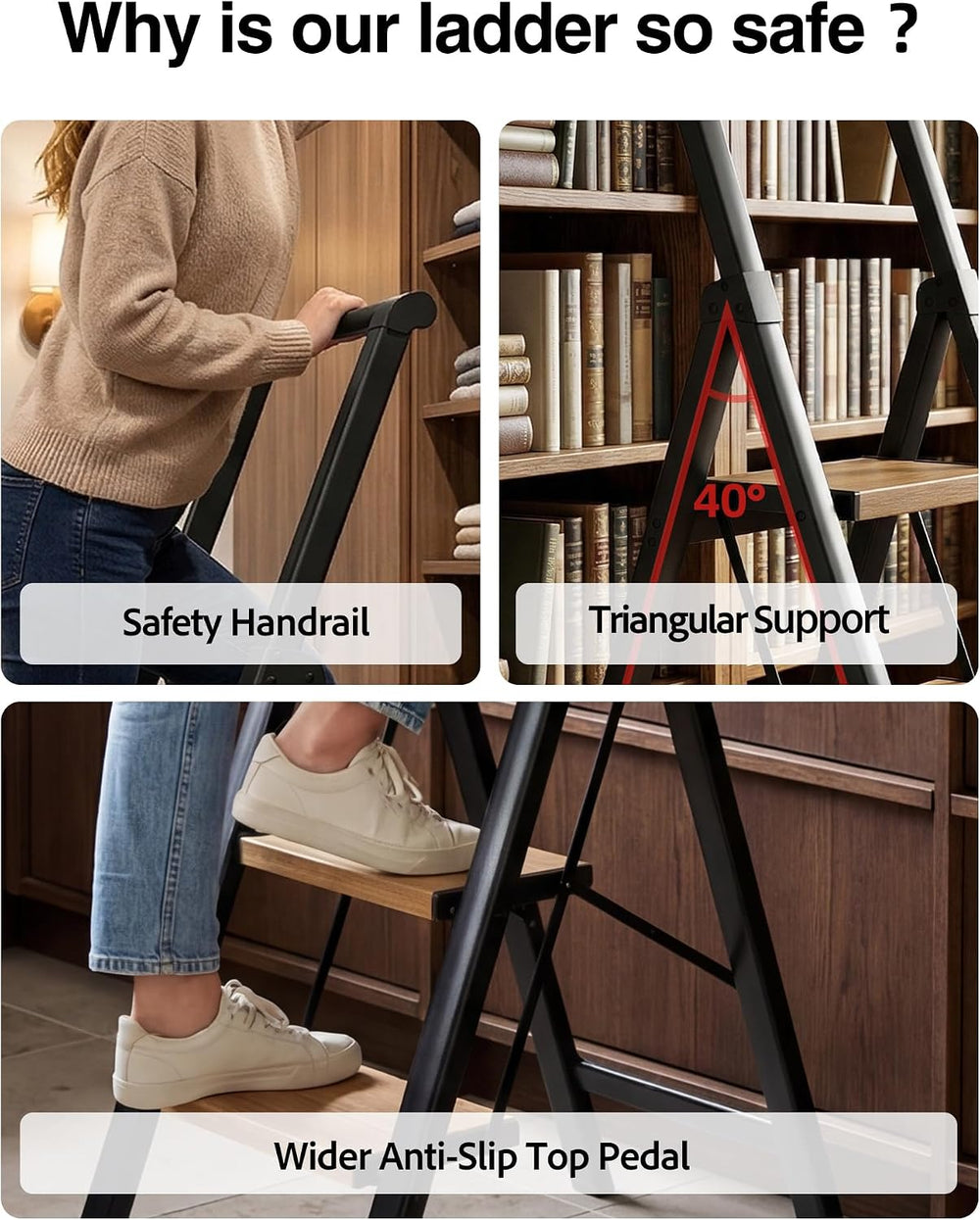 3 Step Ladder,Folding Step Stool with Aluminum Wide Pedal& Convenient Han...