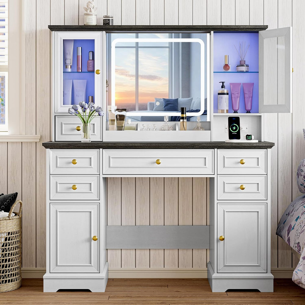 Xixini 43.3" Farmhouse Vanity Desk with LED Mirror, RGB Cabinets, White