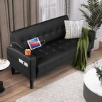 AILEEKISS 62" Loveseat Couches Upholstered Leather Love Seat Sofas Couch with 2 USB, Cup Holders, Side Pocket, Mid-Century Modern Tufted Sofa for Living Room,Office,Bedroom,Apartment (Black, 2-Seat)