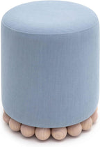 First of a Kind Ottoman Foot Rest - Faded Blue Round Ottoman Stool with Solid Wood Spherical Orbs - 15.7" W x 15.7" D x 18.3" H - Handmade, Easy Clean, 330 lbs Weight Capacity