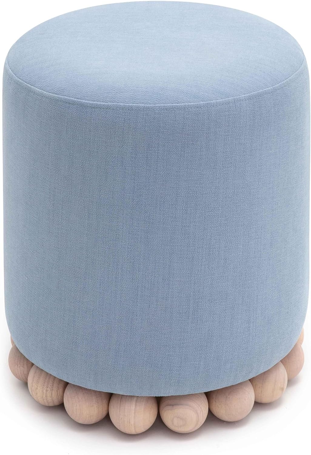 First of a Kind Ottoman Foot Rest - Faded Blue Round Ottoman Stool with Solid Wood Spherical Orbs - 15.7" W x 15.7" D x 18.3" H - Handmade, Easy Clean, 330 lbs Weight Capacity