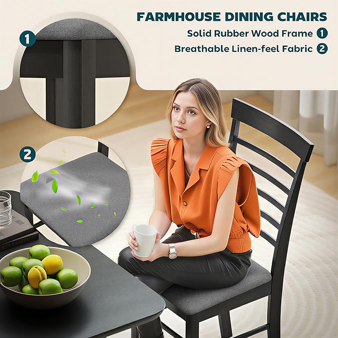 HOMCOM Wooden Dining Chairs Set of 4, Farmhouse Upholstered Kitchen Chairs with Rubber Wood Frame for Living Room, Dining Room, Black and Gray