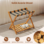 Goplus Luggage Rack for Guest Room Set of 2, Folding Suitcase Stand with Storage Shelf, Acacia Wood Frame & 5 Nylon Straps, Fully Assembled 27" Luggage Stand for Bedroom, Hotel, Holds up to 200 LBS