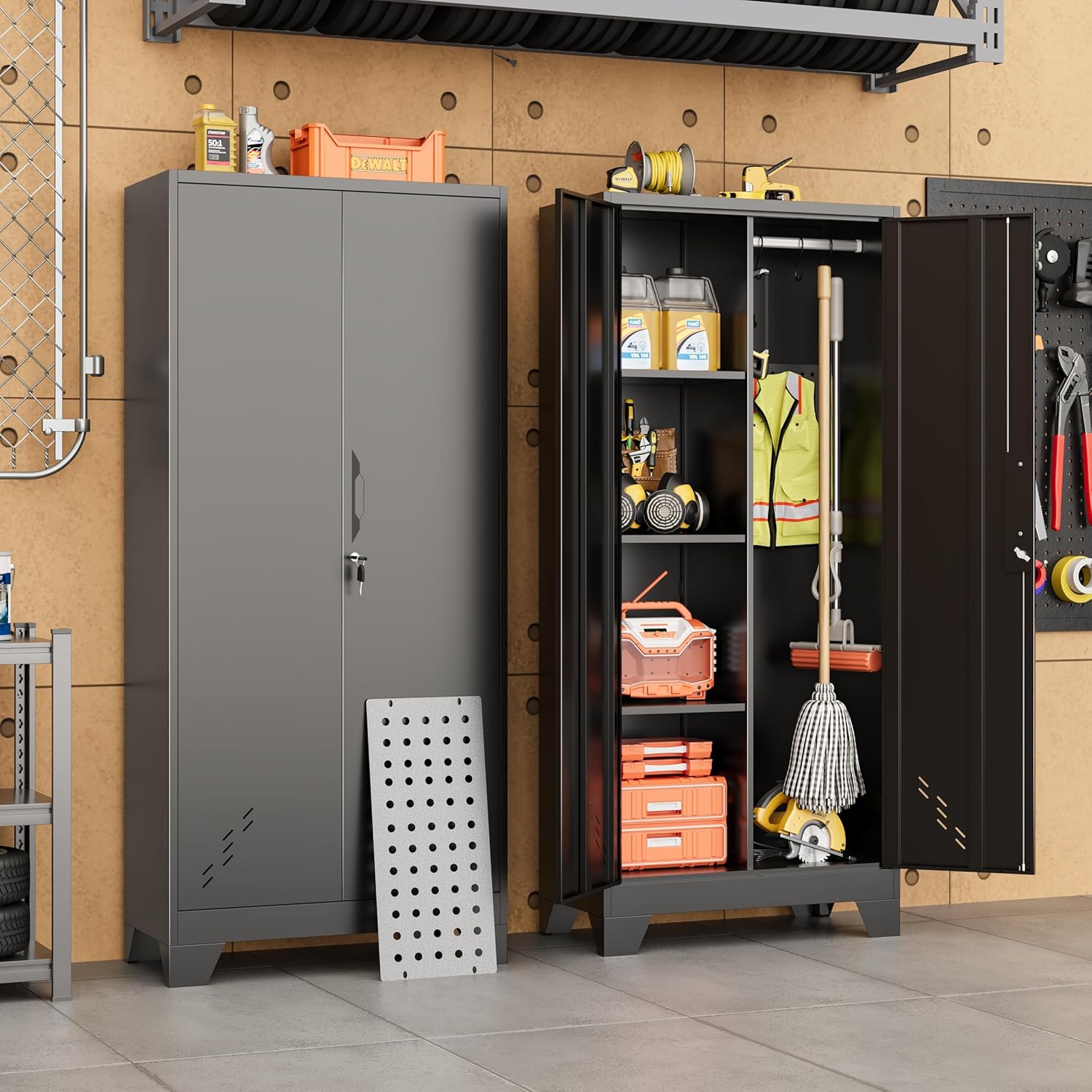 Storage Cabinet 61" H, Metal Tools Storage Cabinet with Lockable Doors and Shelves, Outdoor Storage Sheds with Removable Pegboard for Garage, Utility Room, Office