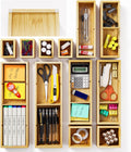 12-Piece Bamboo Desk Drawer Organizer Tray – Adjustable Storage Boxes with 24 Adjustable Compartments for Office Drawer, Jewelry, Vanity & Desk Accessories