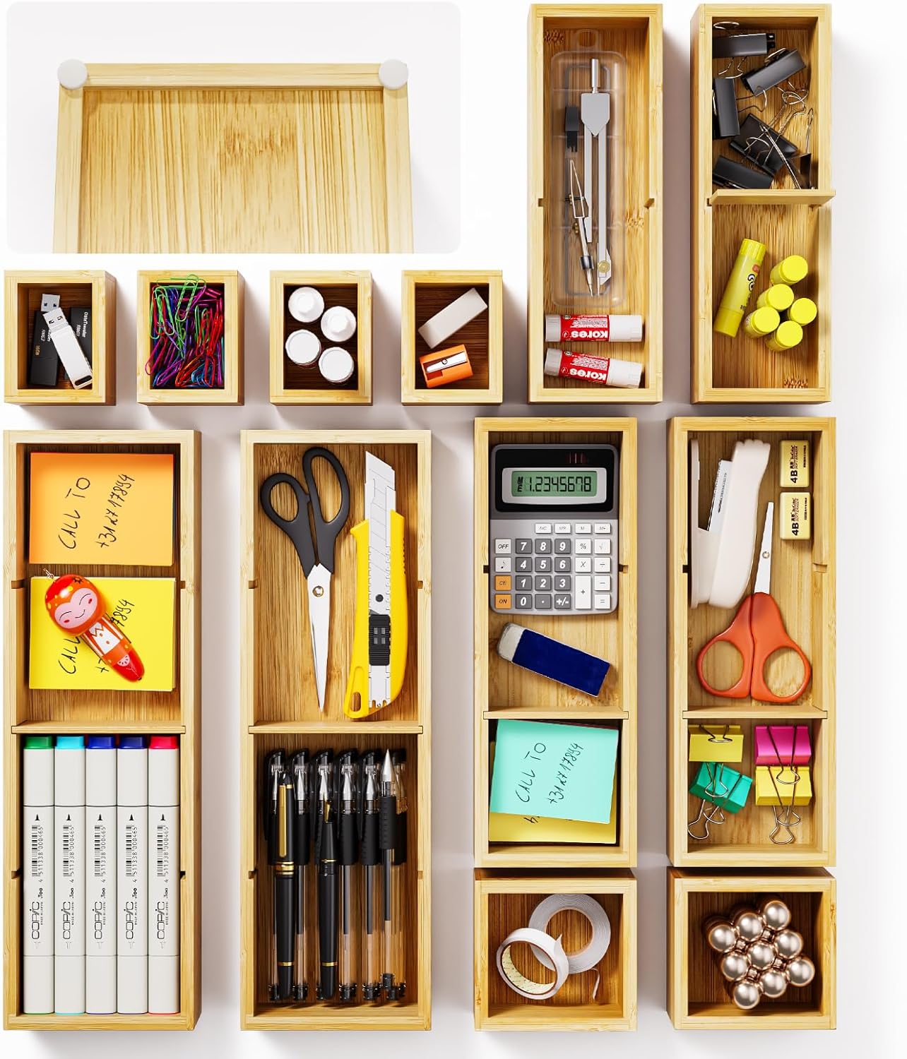 12-Piece Bamboo Desk Drawer Organizer Tray – Adjustable Storage Boxes with 24 Adjustable Compartments for Office Drawer, Jewelry, Vanity & Desk Accessories