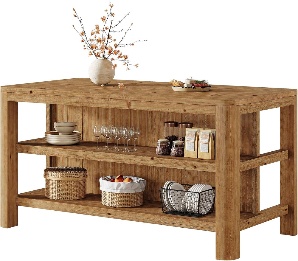 63" Solid Wood Kitchen Island with Storage Shelves, Easy Assembly | Farm...