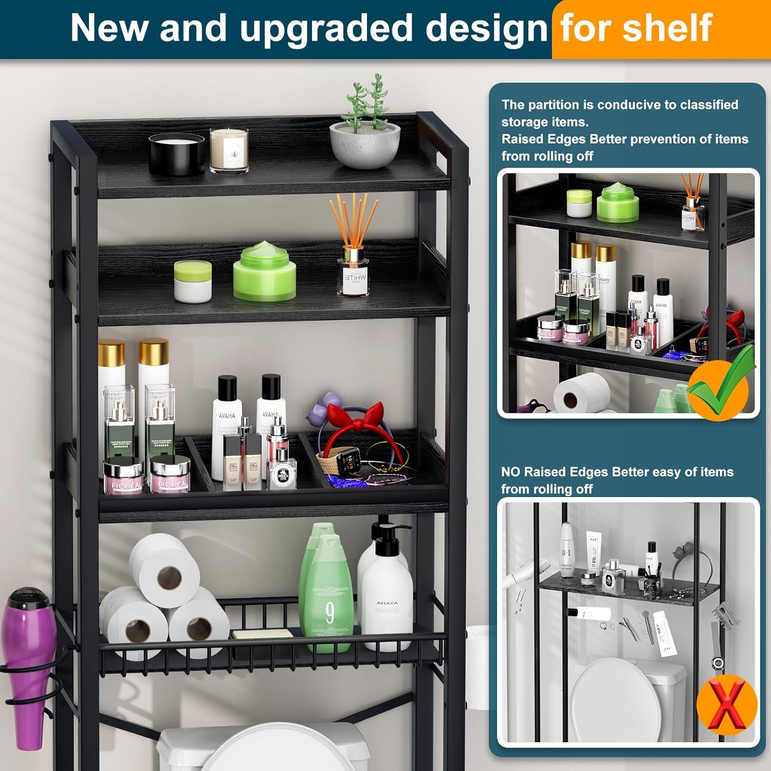 Over The Toilet Storage Cabinet,4 Tier Bathroom Organizer and Storage With Adjustable Shelf Waterproof Feet Pad and Basket Multifunctional Space Saver Freestanding Bathroom Shelves With Dividers Black