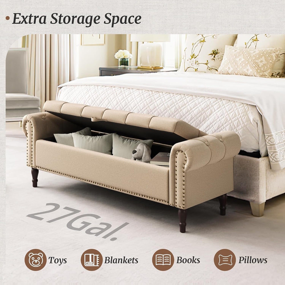 Cozyman Storage Bench Ottoman, 61" Long King Linen Rolled Arm Bedroom En...