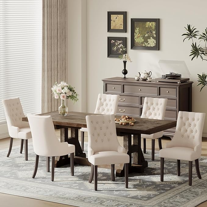 COLAMY Fabric Side Dining Chairs Set of 6, Wingback Upholstered Dining Room Chairs with Tufted Button, Living Room Chairs for Home Kitchen, Beige