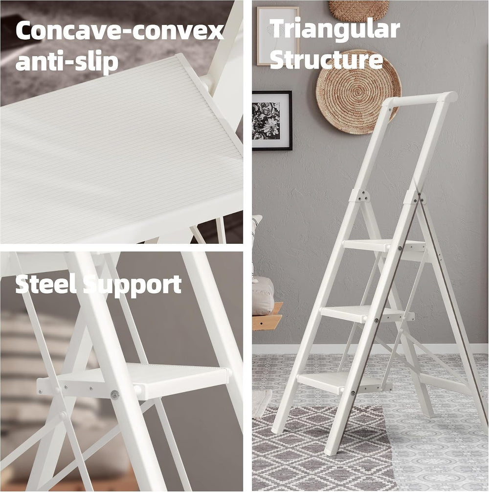 HillhutApex Aluminum 3 Step Ladder, Step Stool Foldable Ladder(White)