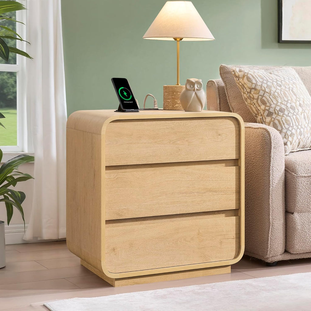 Modern Nightstand, 25" Tall Wood Bedside Table with Charging Station, 3 Drawers Dresser Side Table, Large End Table Night Stand for Bedroom, Office, Sofa, Curved Profile Design, Natural